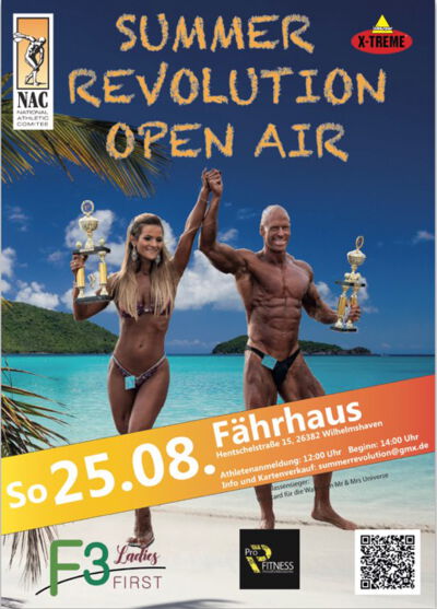 Ergebnisliste Summer Revolution 2019 Bikini-Shape over 30 1.	Corinna Wrotny 2.	Silvana Hilbrich Men`s Physique 1.	Samet Allo 2.	Tom Jordan 3.	Simon Schulz 4.	Malte Jansen 5.	Karim Fekih 6.	Sascha Klöpfer Bikini-shape 1.	Laura Marie Brandtner 2.	Vera Drieß